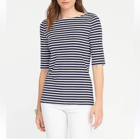 Old Navy Fitted Navy & White Nautical Stripe Ballet Scoop Back Top Size Large - Picture 1 of 9